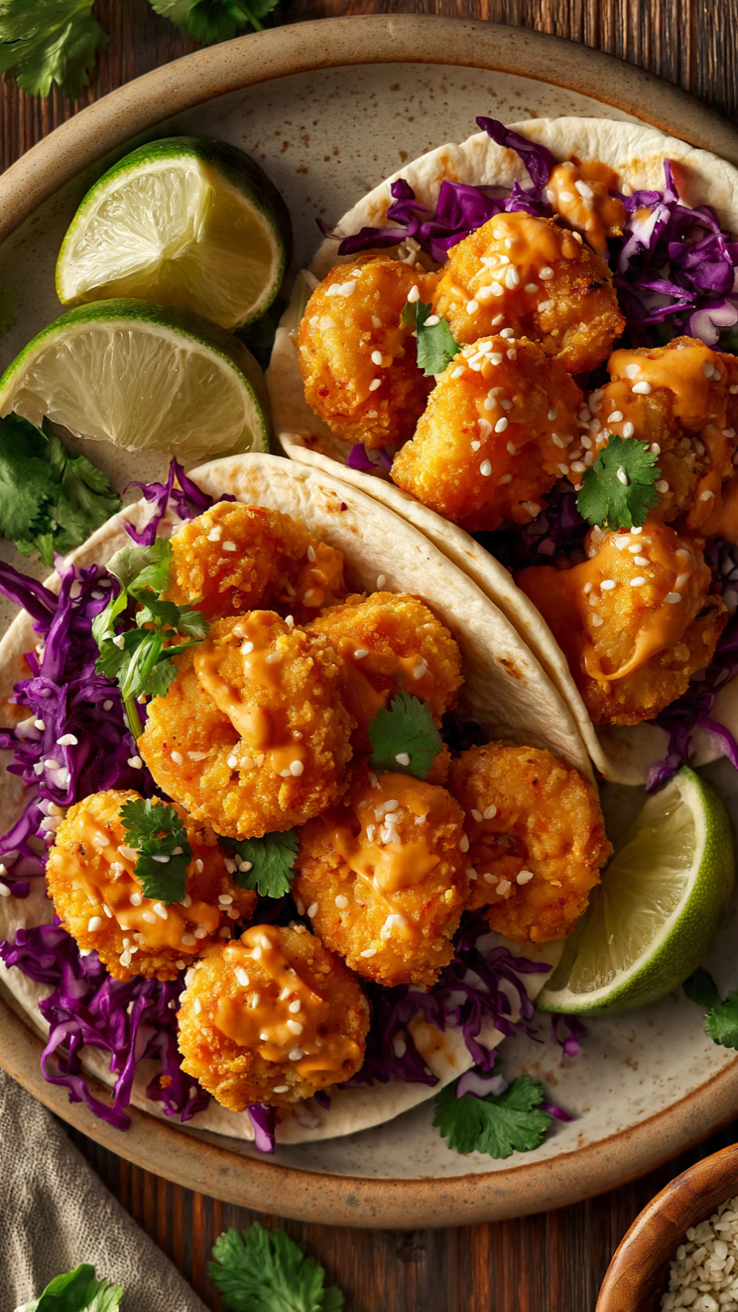 Bang Bang Shrimp Tacos with Crispy Fried Shrimp and Mango Slaw