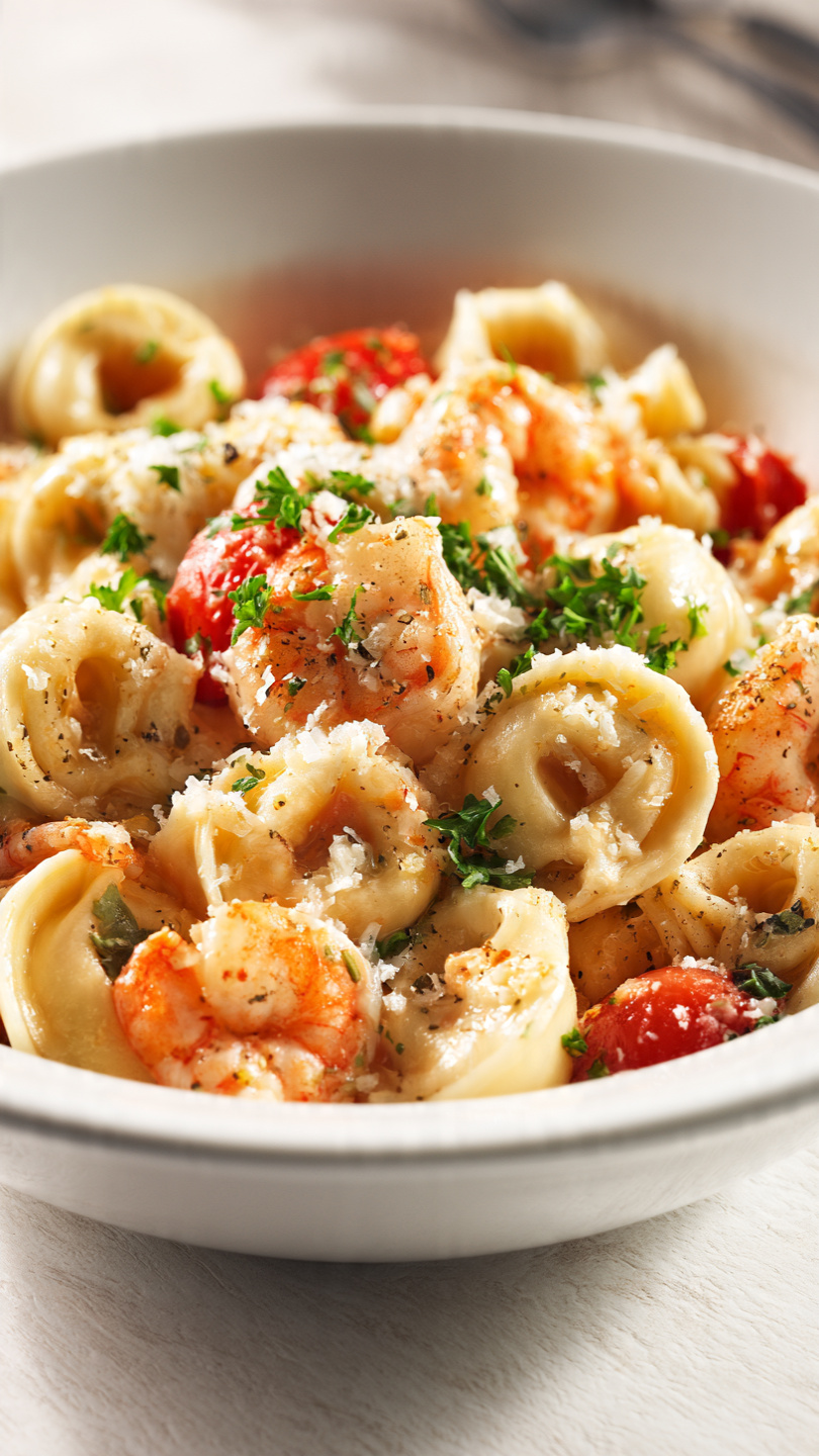 Shrimp Tortellini with Spinach and Garlic Cream Sauce