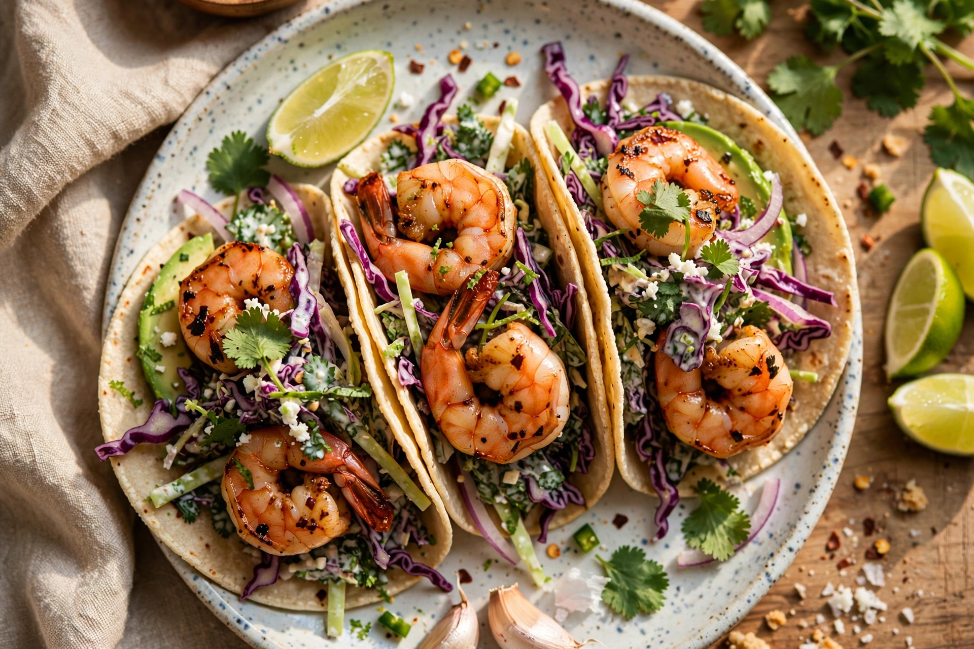 Spicy Shrimp Tacos with Garlic Cilantro Lime Slaw